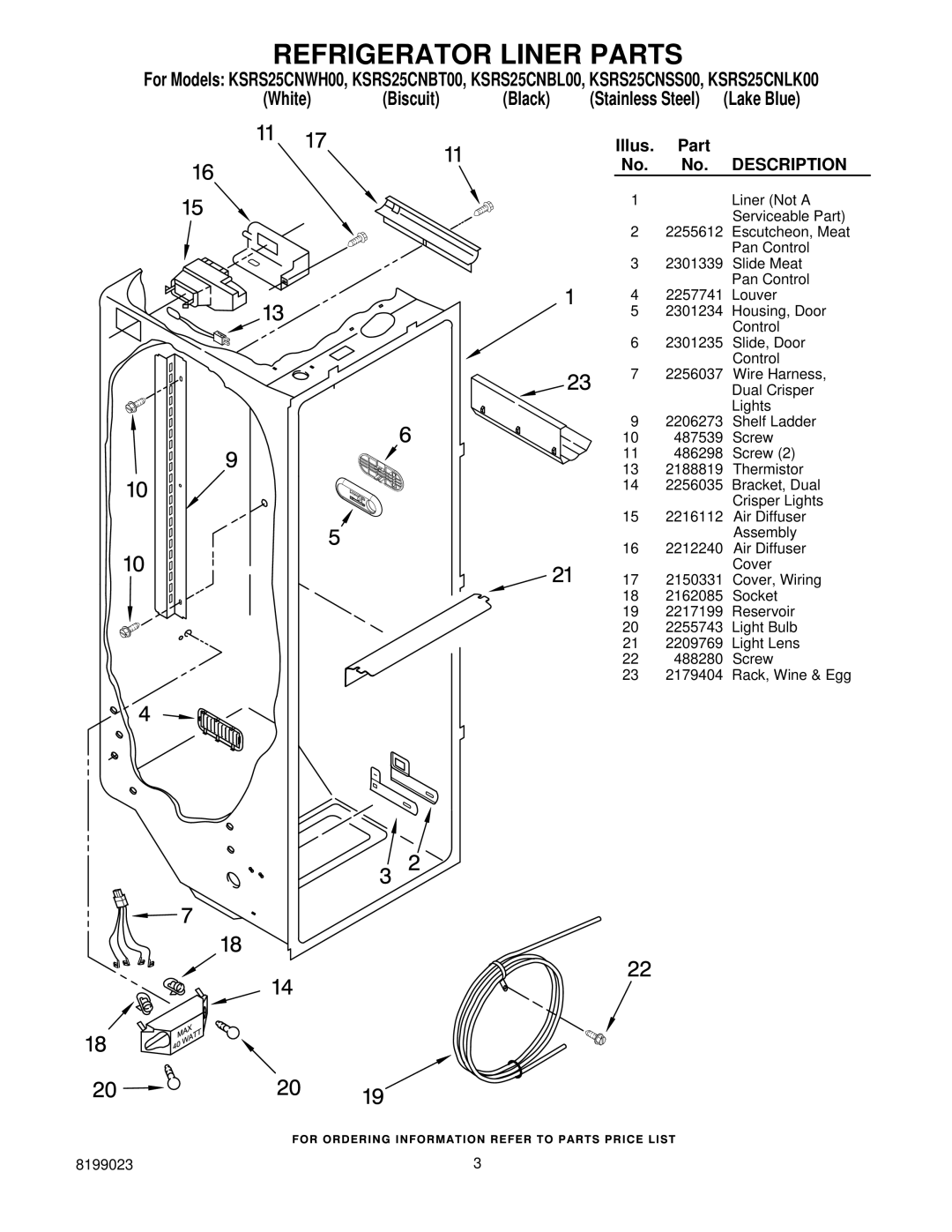 KitchenAid KSRS25CNBL00, KSRS25CNWH00, KSRS25CNLK00, KSRS25CNBT00, KSRS25CNSS00 manual Refrigerator Liner Parts, Lake Blue 