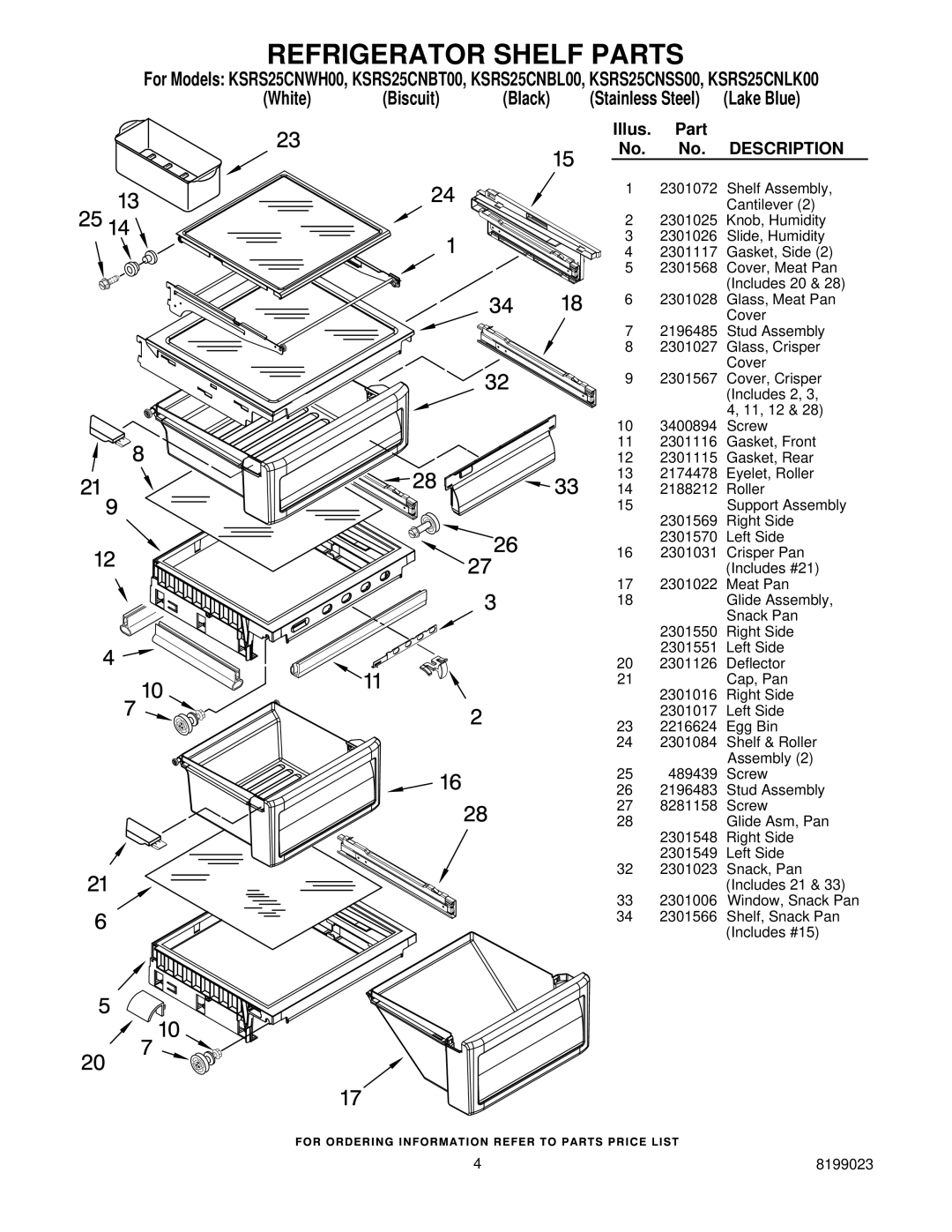 KitchenAid KSRS25CNSS00, KSRS25CNWH00, KSRS25CNLK00, KSRS25CNBT00, KSRS25CNBL00 manual Refrigerator Shelf Parts 