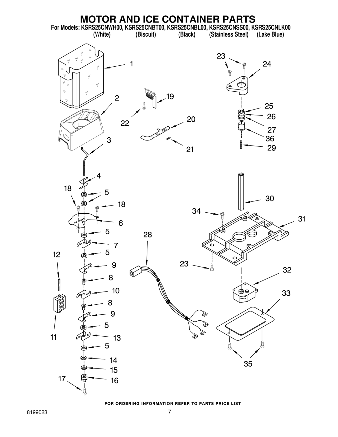 KitchenAid KSRS25CNBT00, KSRS25CNWH00, KSRS25CNLK00, KSRS25CNBL00, KSRS25CNSS00 manual Motor and ICE Container Parts 