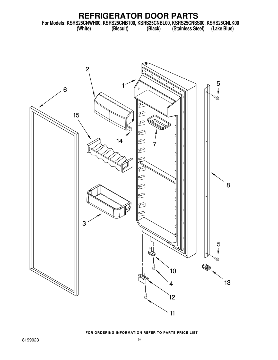 KitchenAid KSRS25CNSS00, KSRS25CNWH00, KSRS25CNLK00, KSRS25CNBT00, KSRS25CNBL00 manual Refrigerator Door Parts 