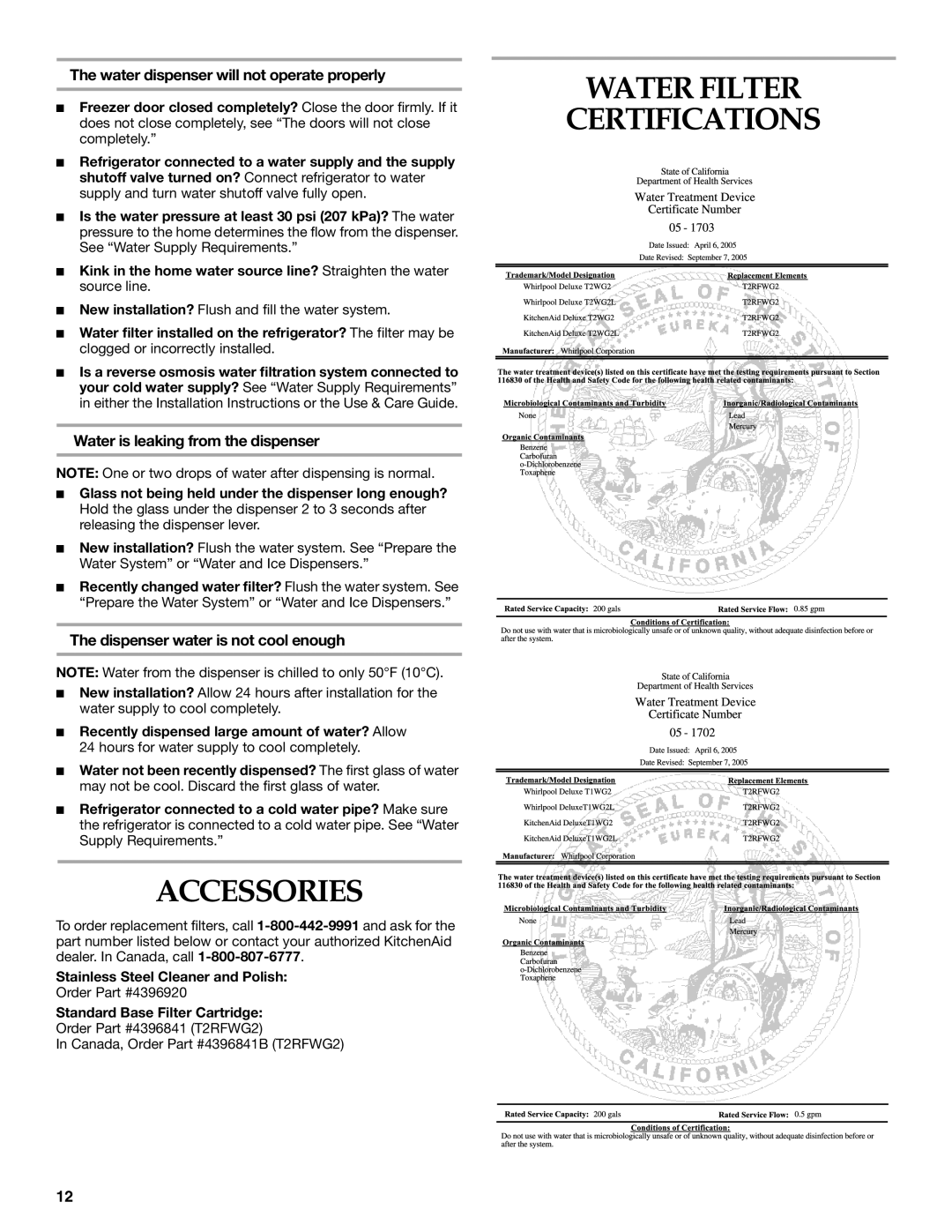 KitchenAid KSRP25FSWH00, KSRS25CSBL Accessories, Water Filter Certifications, Water dispenser will not operate properly 