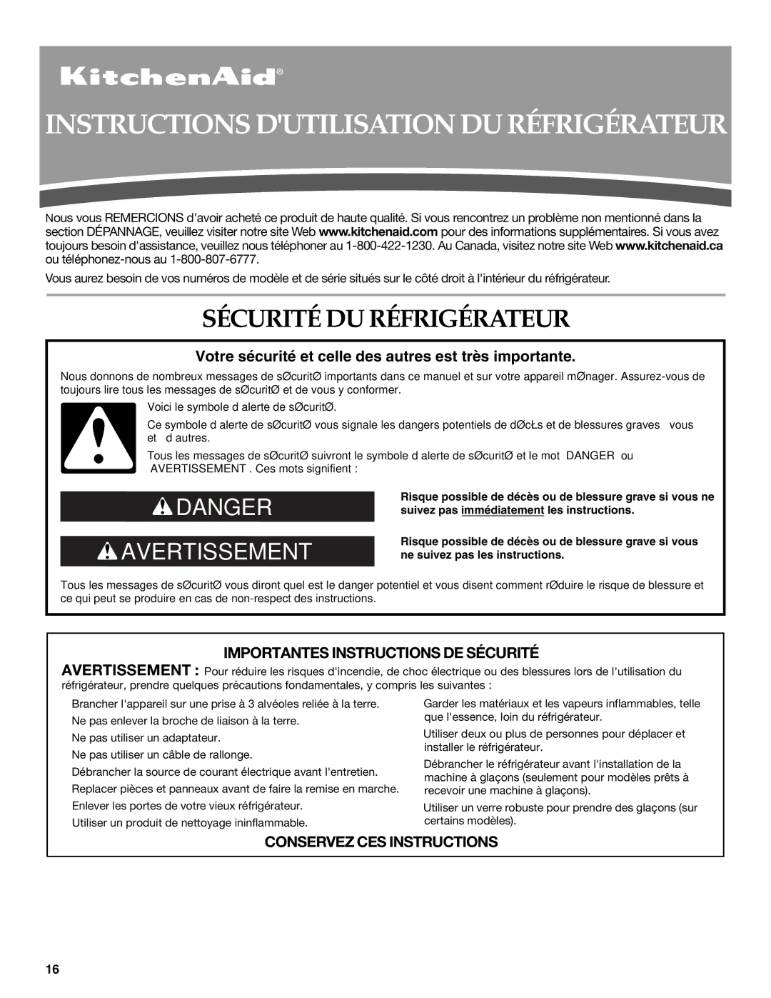 KitchenAid KSRP25FSBL00, KSRS25CSBL, KSRP25FSWH00 Instructions Dutilisation DU Réfrigérateur, Sécurité DU Réfrigérateur 