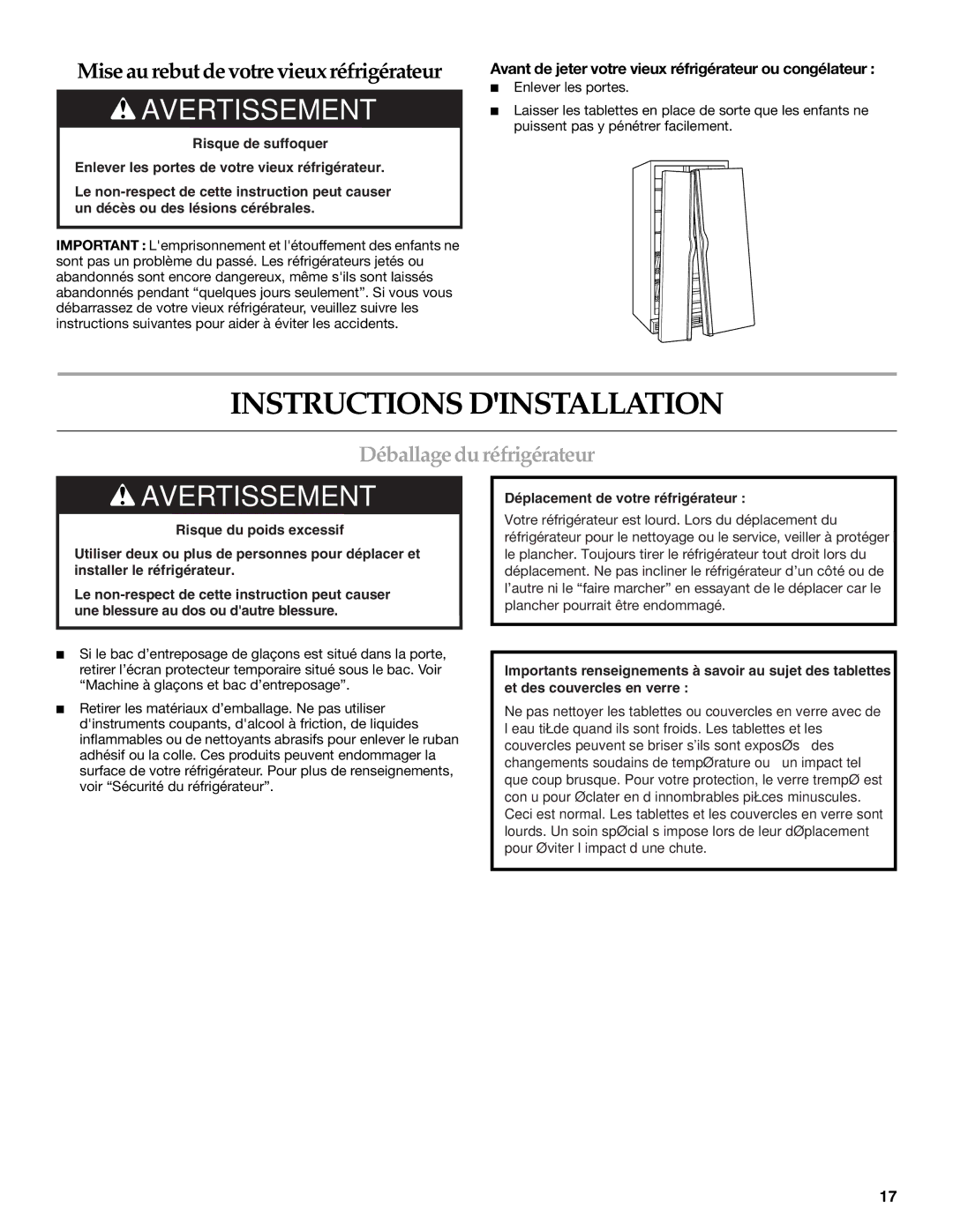 KitchenAid KSRT25CRSS01, KSRS25CSBL, KSRP25FSWH00, KSRP25FSBT00 Instructions Dinstallation, Déballage du réfrigérateur 