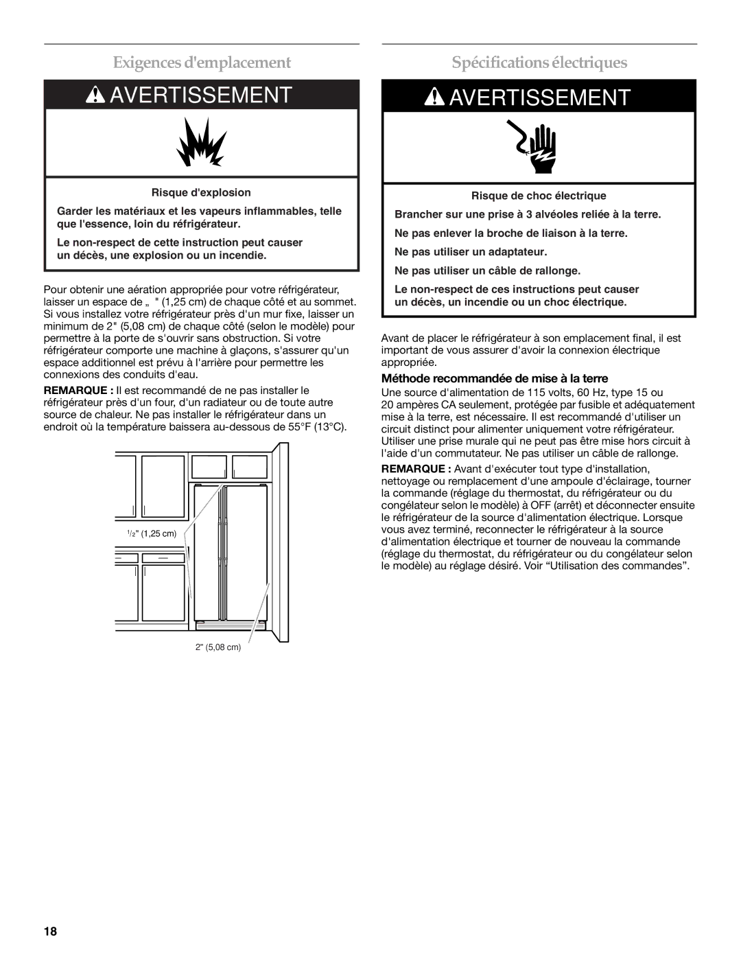 KitchenAid KSRT25CRWH01 Exigences demplacement, Spécifications électriques, Méthode recommandée de mise à la terre 