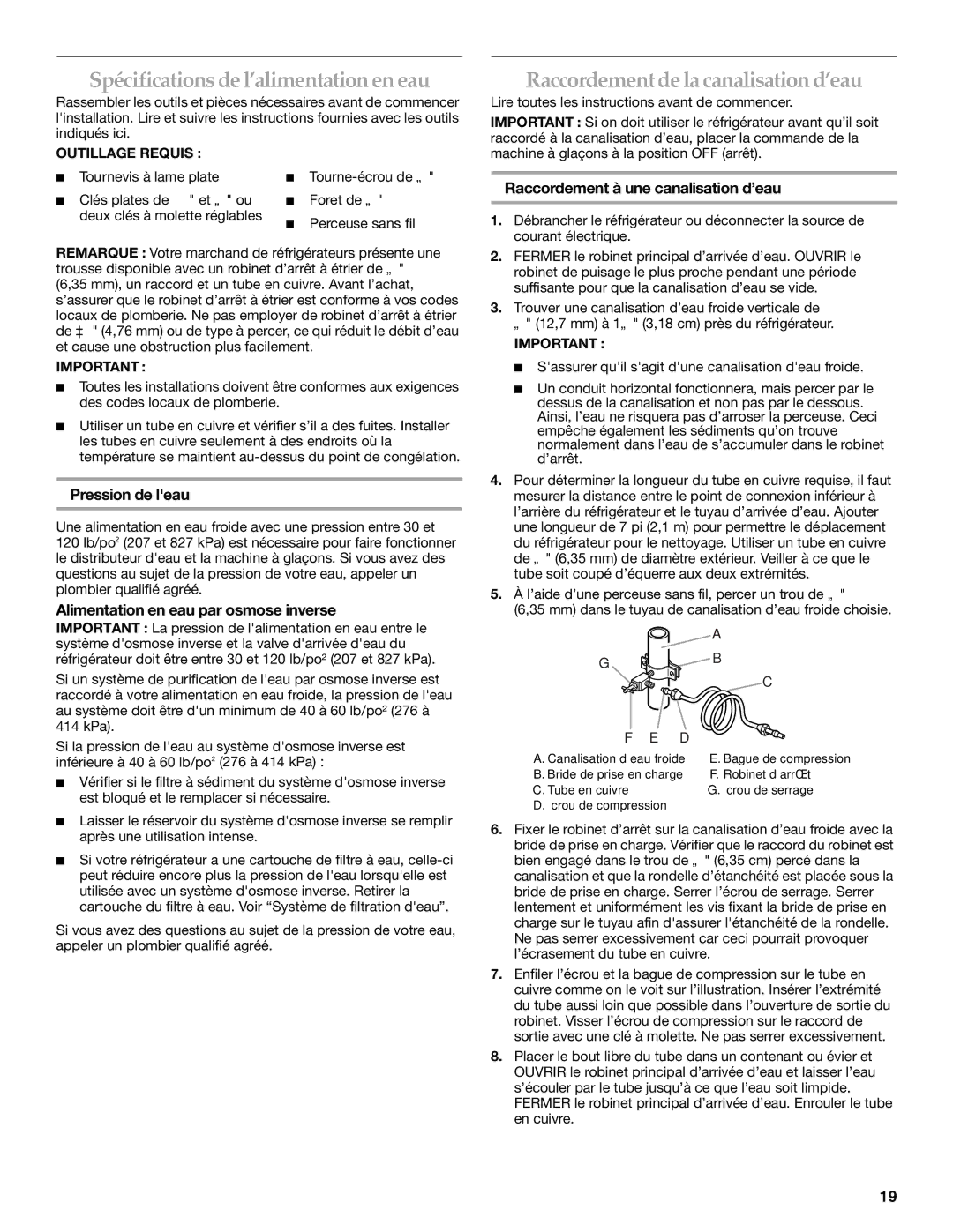 KitchenAid KSRT25CRMS01 Spécifications de l’alimentation en eau, Raccordement de la canalisation d’eau, Pression de leau 