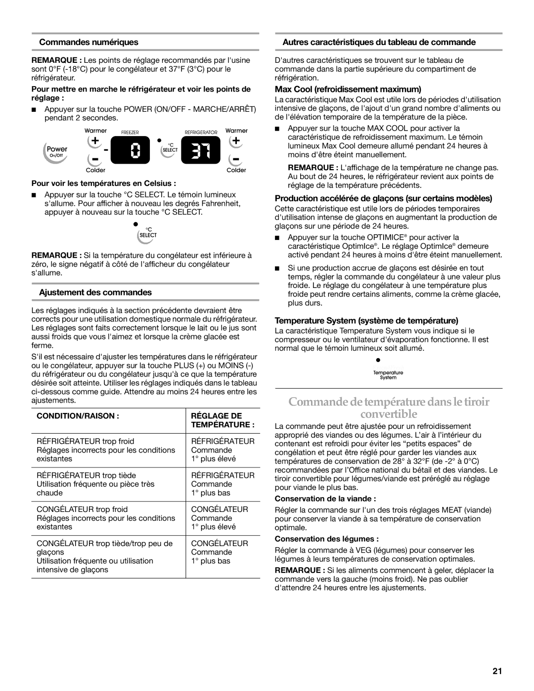 KitchenAid KSRT25CRBT01, KSRS25CSBL Commande de température dans le tiroir Convertible, Ajustement des commandes 