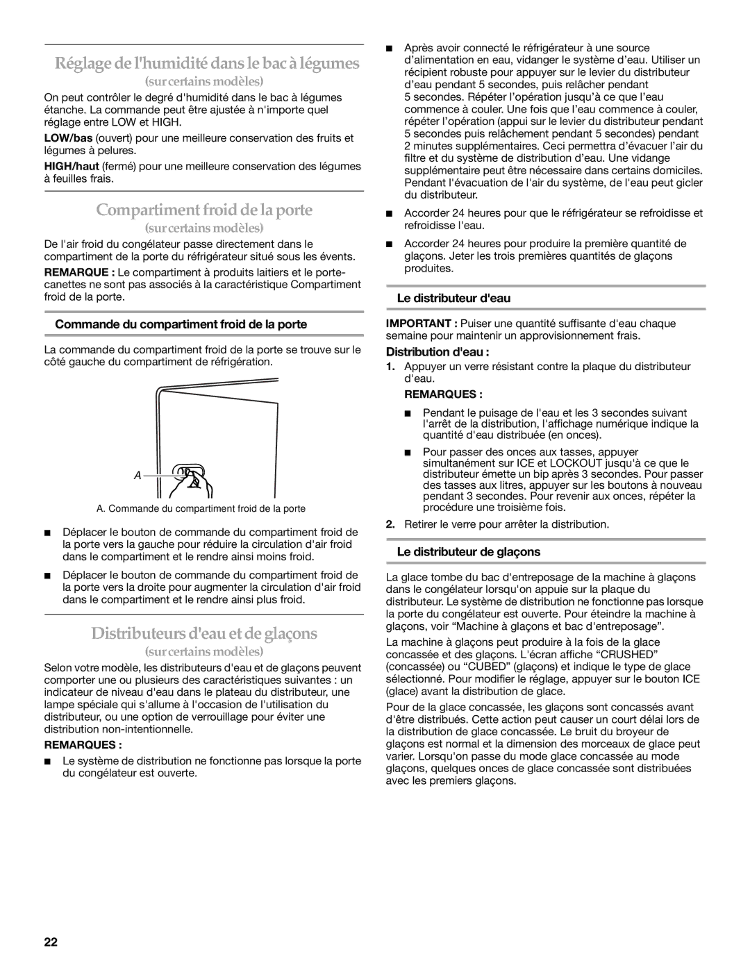 KitchenAid KSRS25CSBL, KSRP25FSWH00 Réglage de lhumidité dans le bac à légumes, Compartiment froid de la porte 