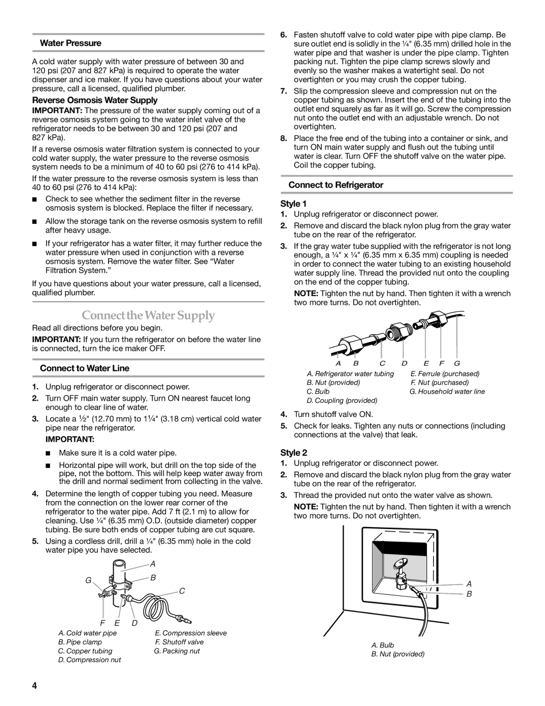 KitchenAid KSRN25FRWH01 Connect the Water Supply, Water Pressure, Reverse Osmosis Water Supply, Connect to Water Line 