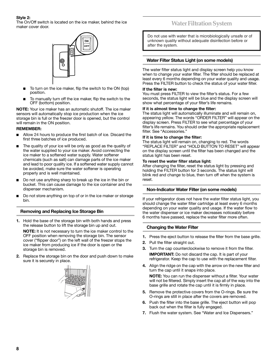 KitchenAid KSRT25CRMS01 Water Filtration System, Removing and Replacing Ice Storage Bin, Changing the Water Filter 