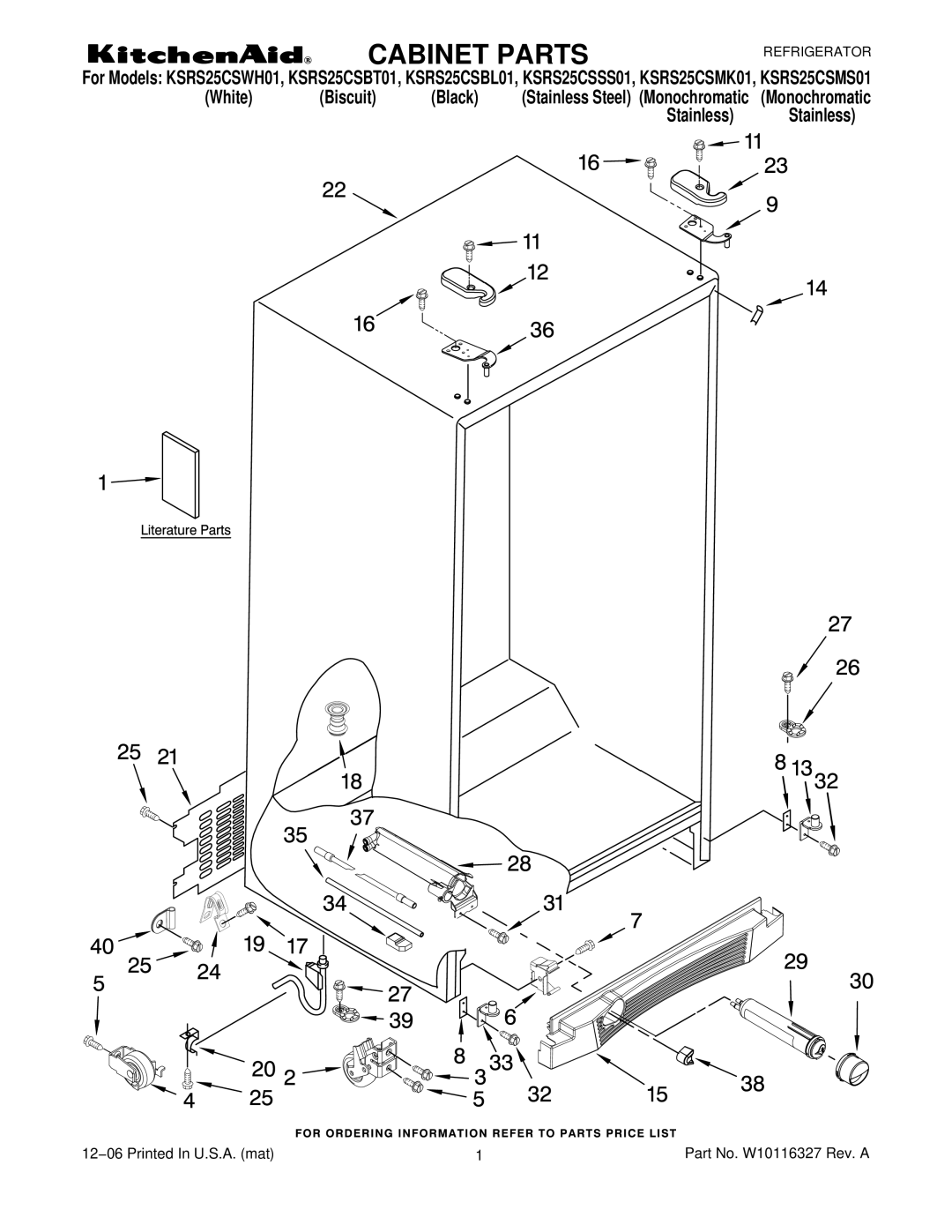 KitchenAid KSRS25CSSS01, KSRS25CSWH01, KSRS25CSMS01, KSRS25CSBL01, KSRS25CSMK01, KSRS25CSBT01 manual Cabinet Parts 