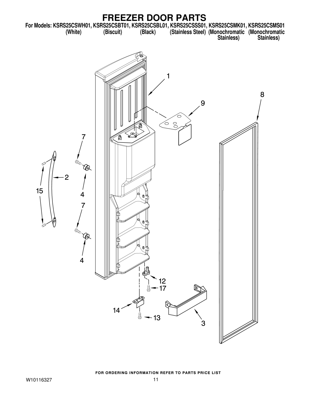 KitchenAid KSRS25CSBT01, KSRS25CSWH01, KSRS25CSSS01, KSRS25CSMS01, KSRS25CSBL01, KSRS25CSMK01 manual Freezer Door Parts 