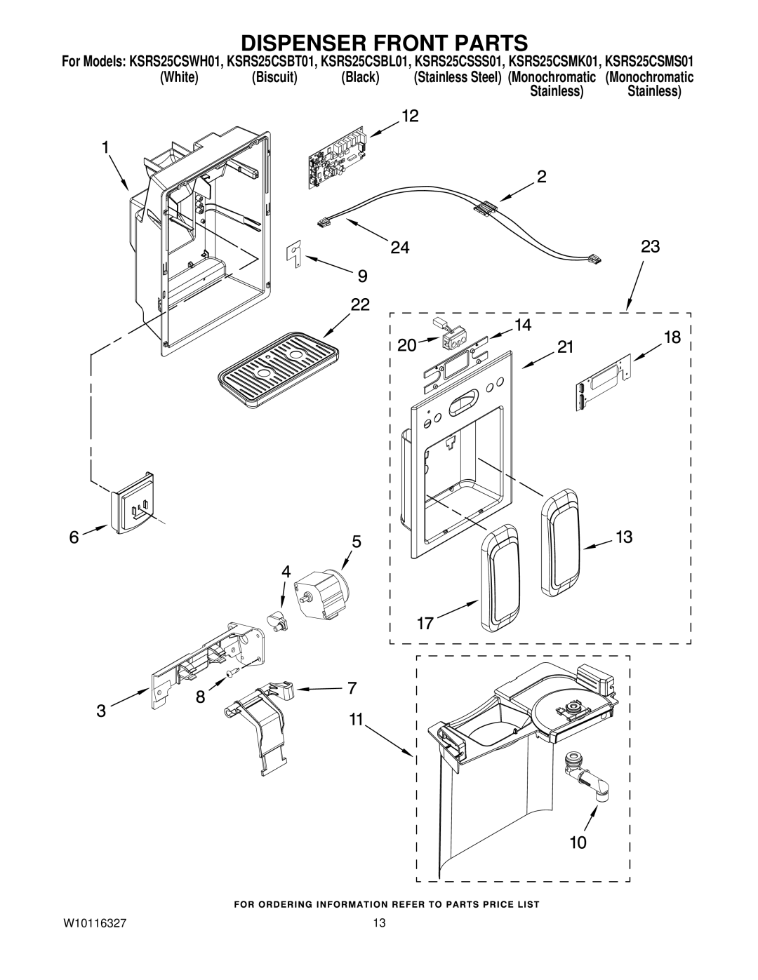 KitchenAid KSRS25CSSS01, KSRS25CSWH01, KSRS25CSMS01, KSRS25CSBL01, KSRS25CSMK01, KSRS25CSBT01 manual Dispenser Front Parts 