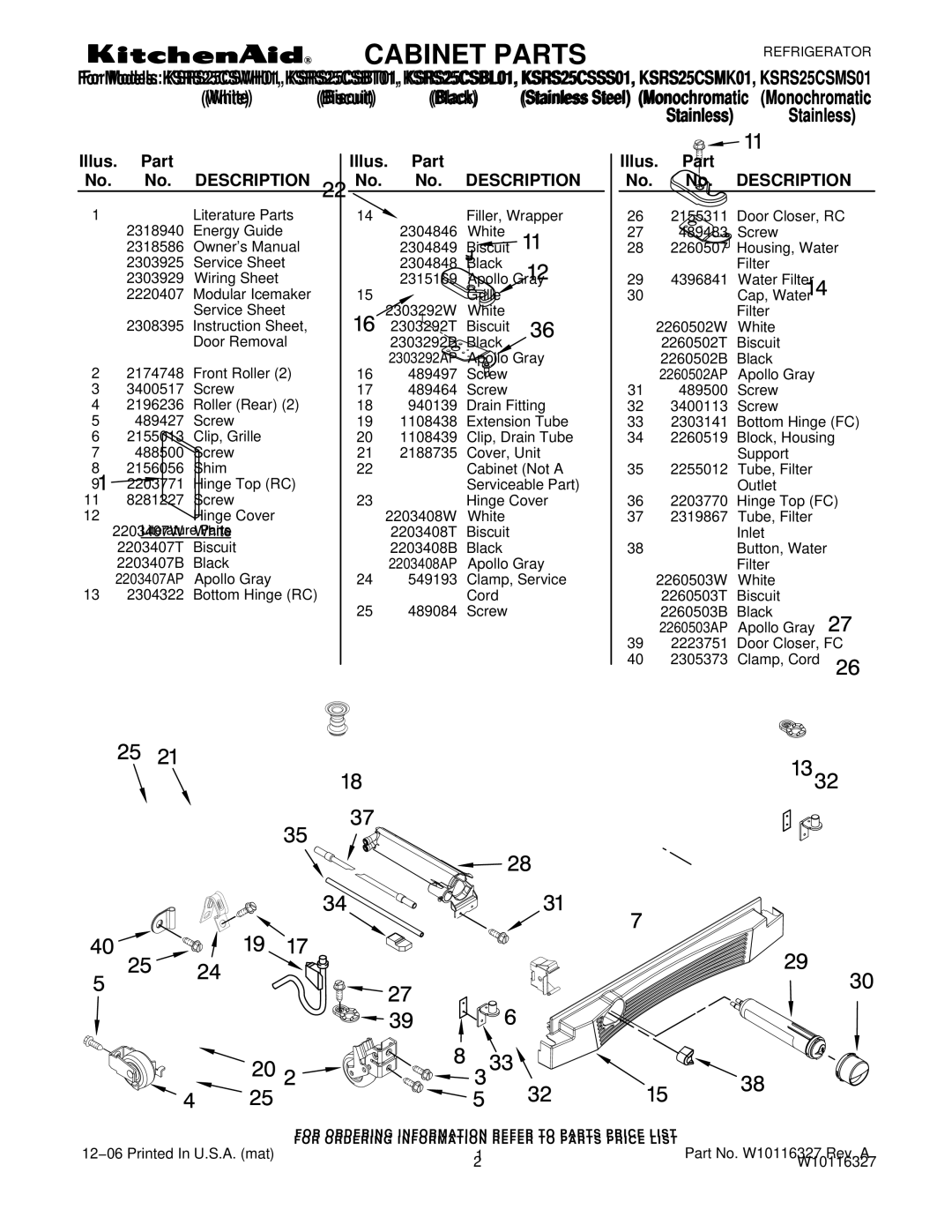 KitchenAid KSRS25CSMS01, KSRS25CSWH01, KSRS25CSSS01, KSRS25CSBL01 manual Cabinet Parts, Illus. Part No. No. Description 