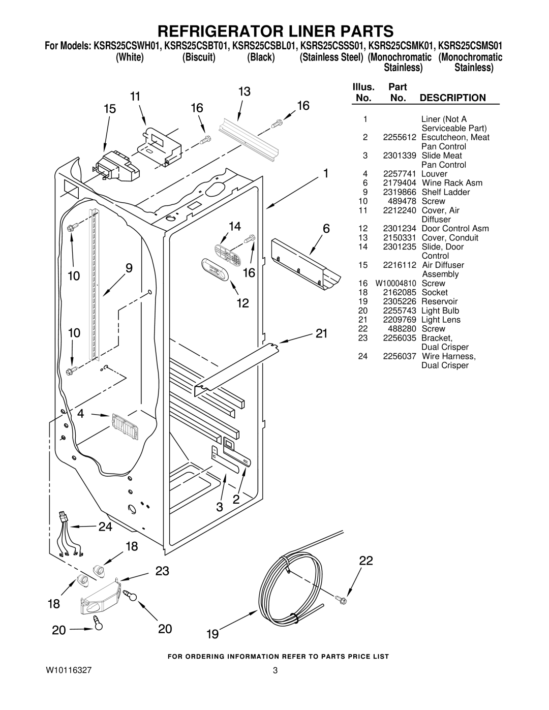 KitchenAid KSRS25CSBL01, KSRS25CSWH01, KSRS25CSSS01, KSRS25CSMS01, KSRS25CSMK01 manual Refrigerator Liner Parts, Description 