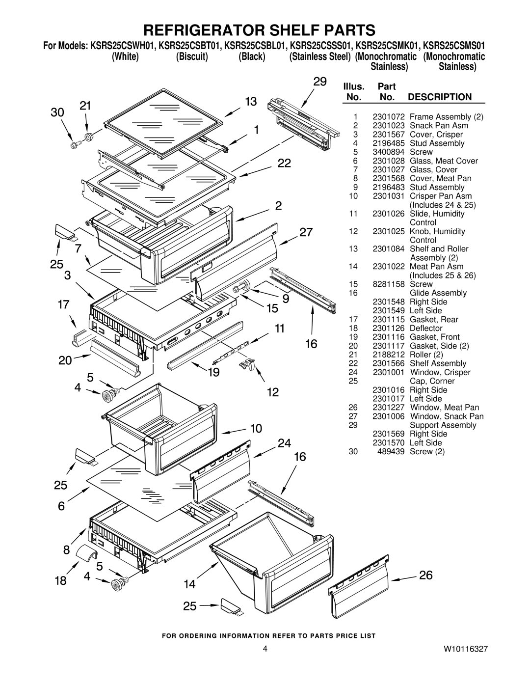 KitchenAid KSRS25CSMK01, KSRS25CSWH01, KSRS25CSSS01, KSRS25CSMS01 manual Refrigerator Shelf Parts, Illus Part No. Description 