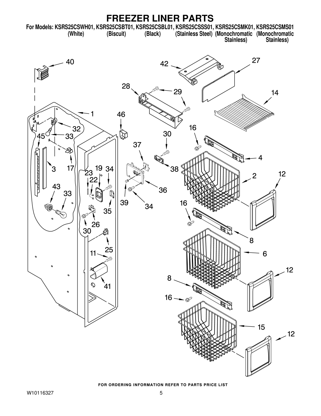 KitchenAid KSRS25CSBT01, KSRS25CSWH01, KSRS25CSSS01, KSRS25CSMS01, KSRS25CSBL01, KSRS25CSMK01 manual Freezer Liner Parts 