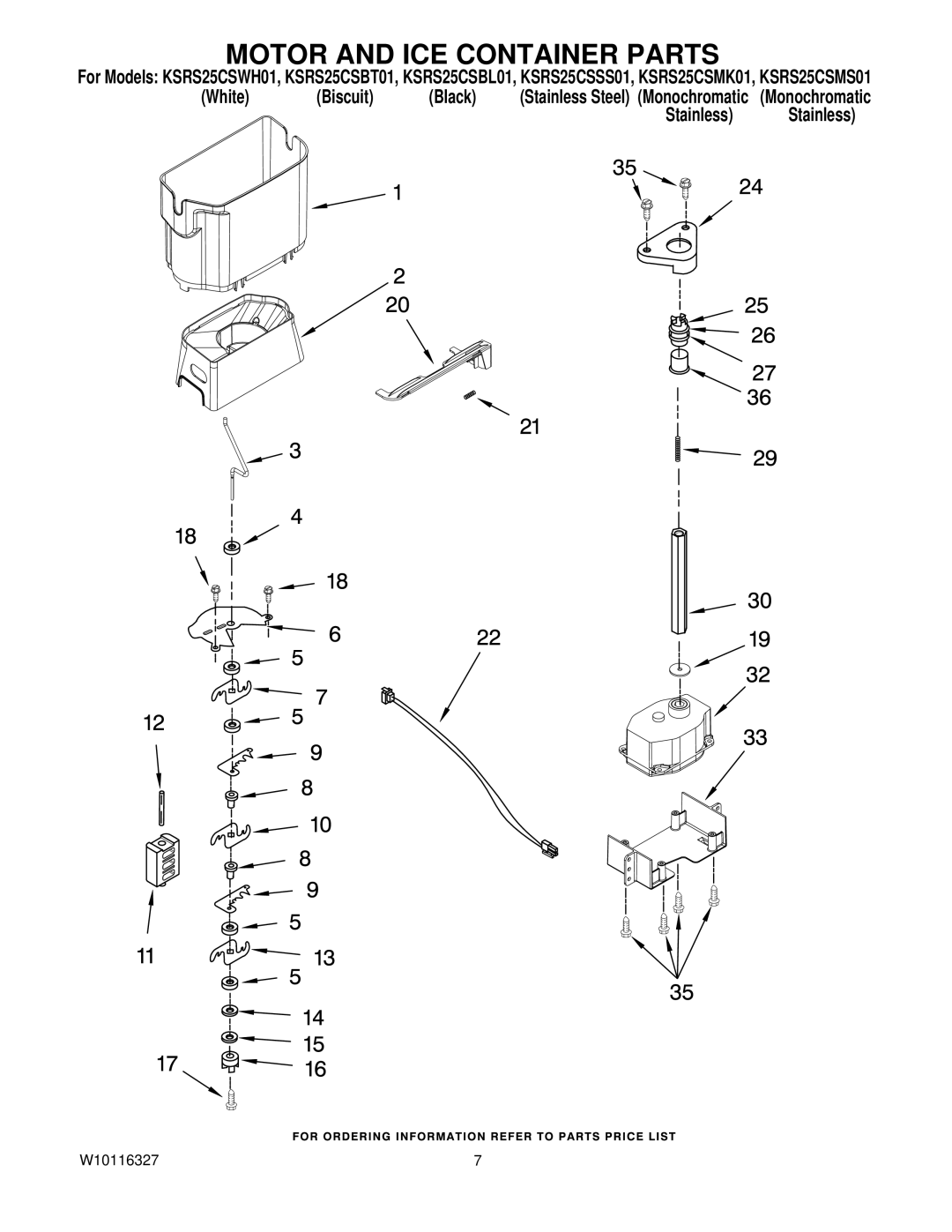 KitchenAid KSRS25CSSS01, KSRS25CSWH01, KSRS25CSMS01, KSRS25CSBL01, KSRS25CSMK01, KSRS25CSBT01 Motor and ICE Container Parts 