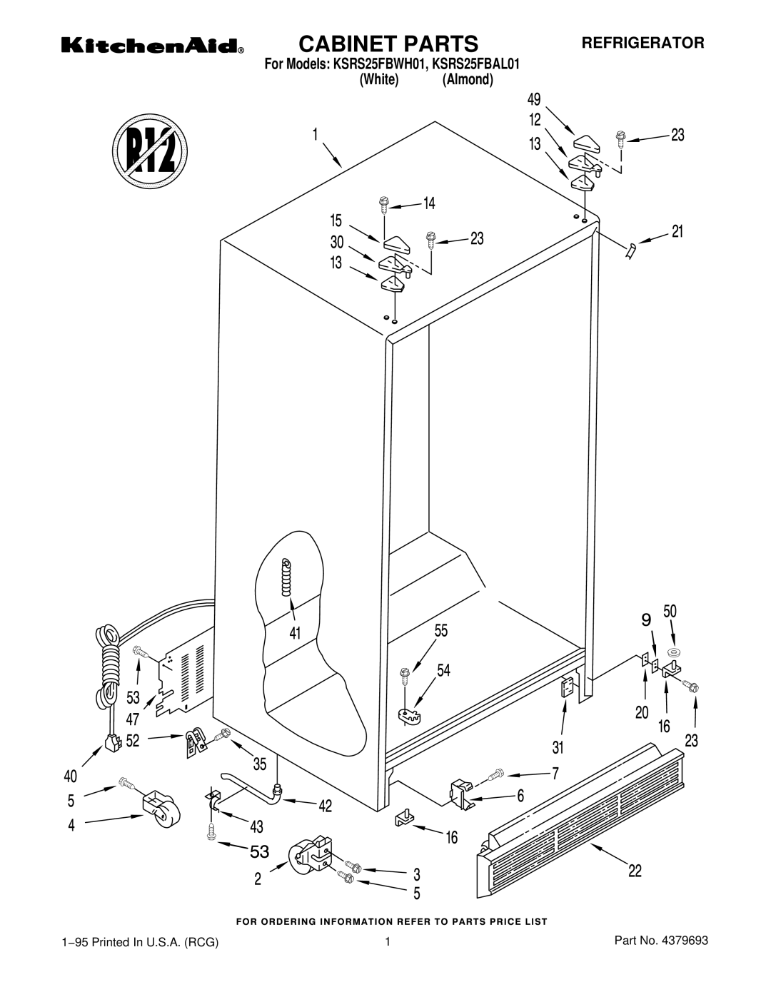 KitchenAid KSRS25FBAL01, KSRS25FBWH01 manual Cabinet Parts 