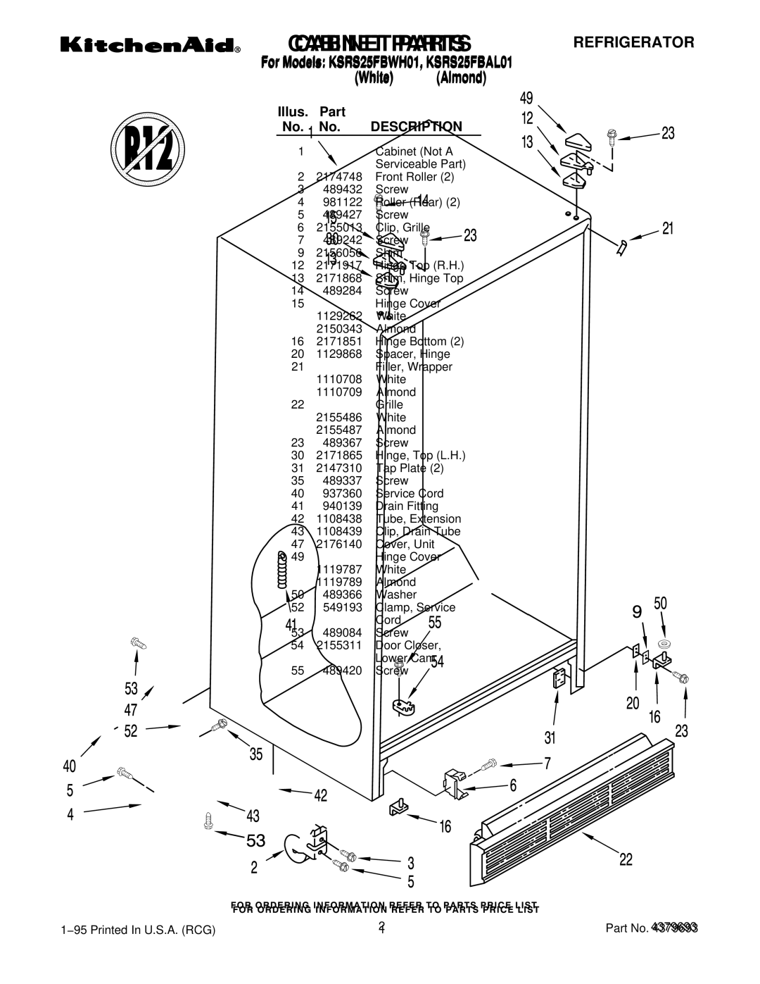 KitchenAid manual For Models KSRS25FBWH01, KSRS25FBAL01 White Almond 