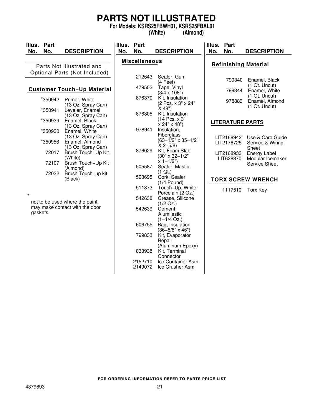 KitchenAid KSRS25FBAL01, KSRS25FBWH01 manual Parts not Illustrated 