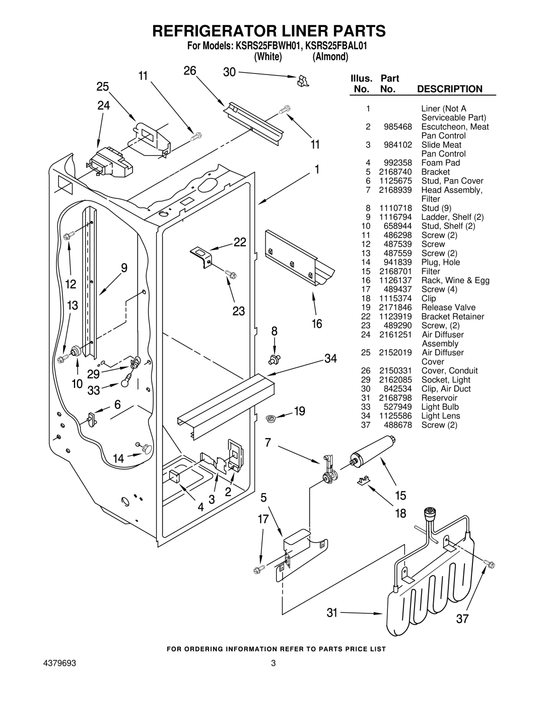 KitchenAid KSRS25FBAL01, KSRS25FBWH01 manual Refrigerator Liner Parts 