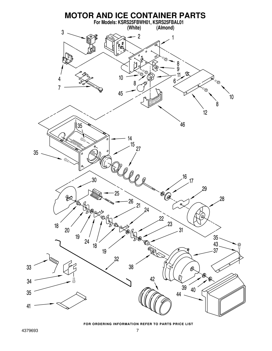 KitchenAid KSRS25FBAL01, KSRS25FBWH01 manual Motor and ICE Container Parts 