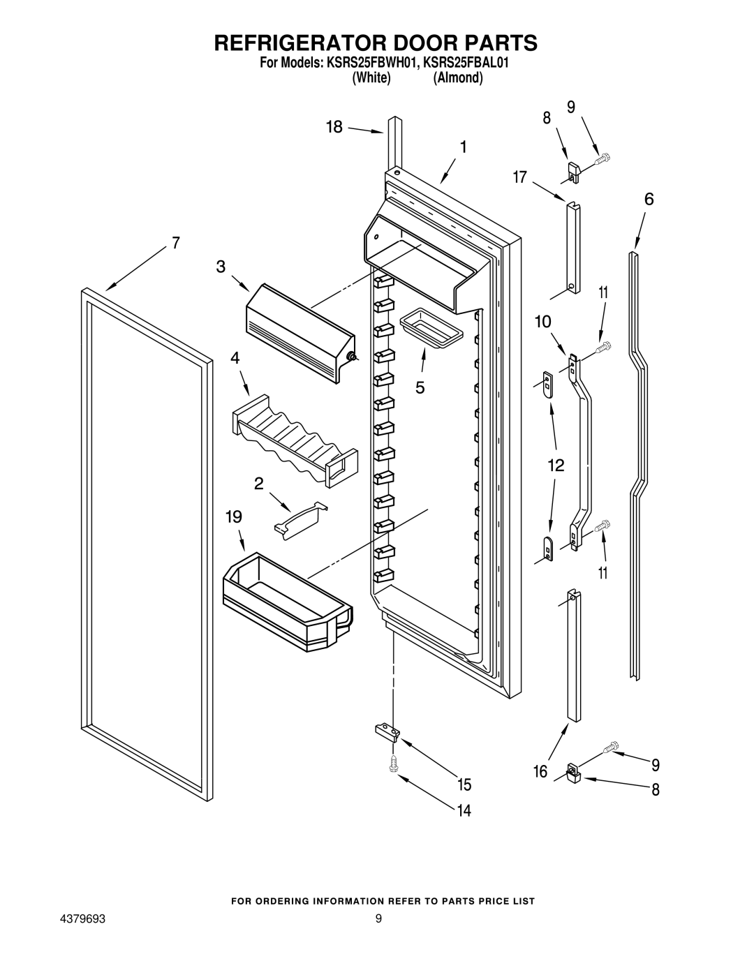 KitchenAid KSRS25FBAL01, KSRS25FBWH01 manual Refrigerator Door Parts 