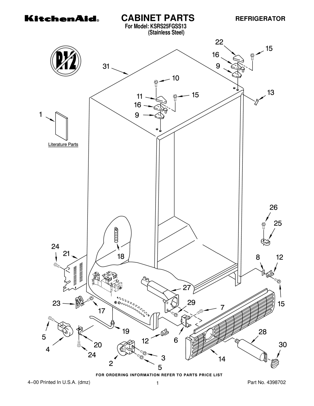 KitchenAid KSRS25FGSS13 manual Cabinet Parts 