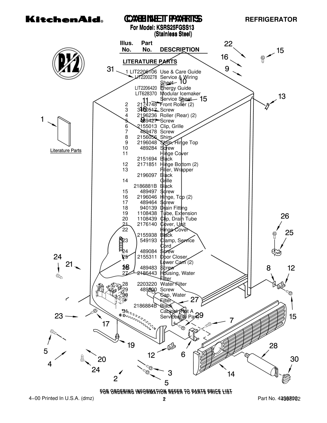 KitchenAid KSRS25FGSS13 manual Literature Parts 