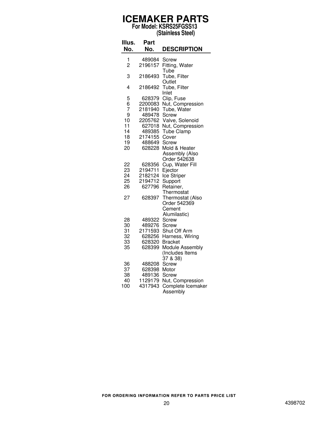 KitchenAid KSRS25FGSS13 manual Icemaker Parts 