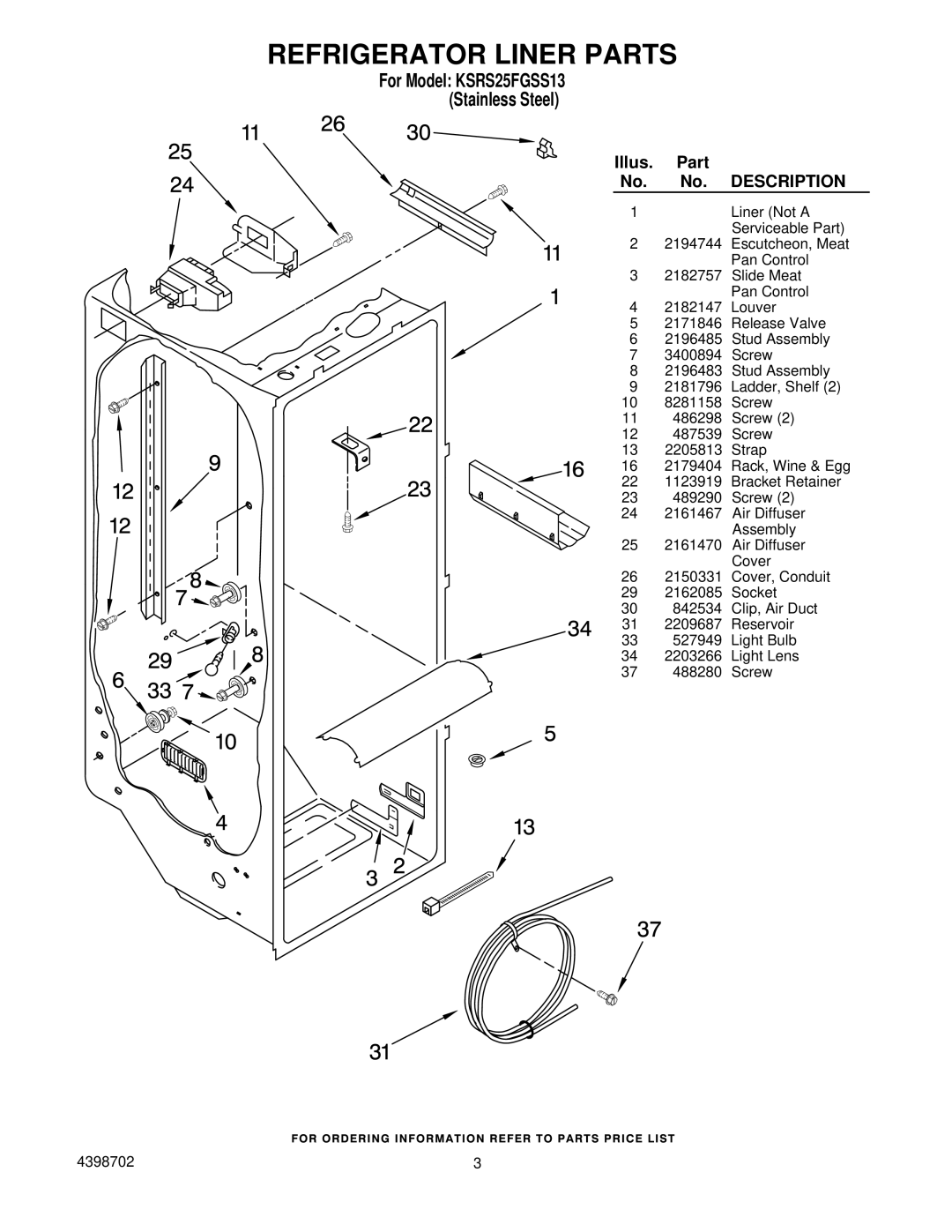 KitchenAid manual Refrigerator Liner Parts, For Model KSRS25FGSS13 Stainless Steel 