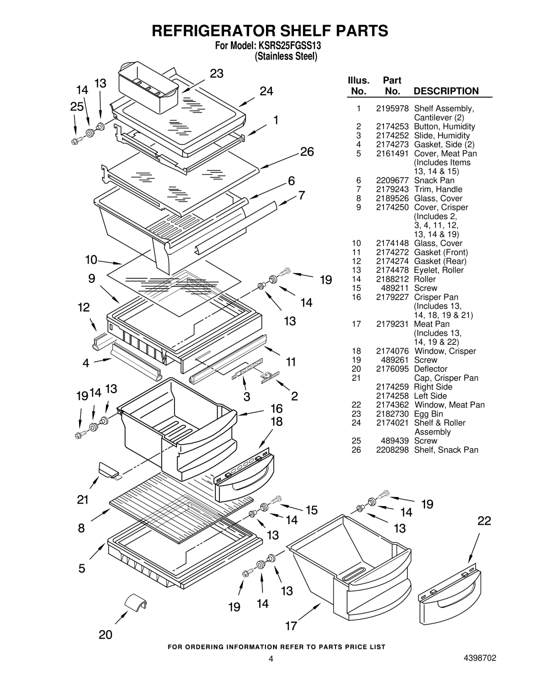 KitchenAid KSRS25FGSS13 manual Refrigerator Shelf Parts 