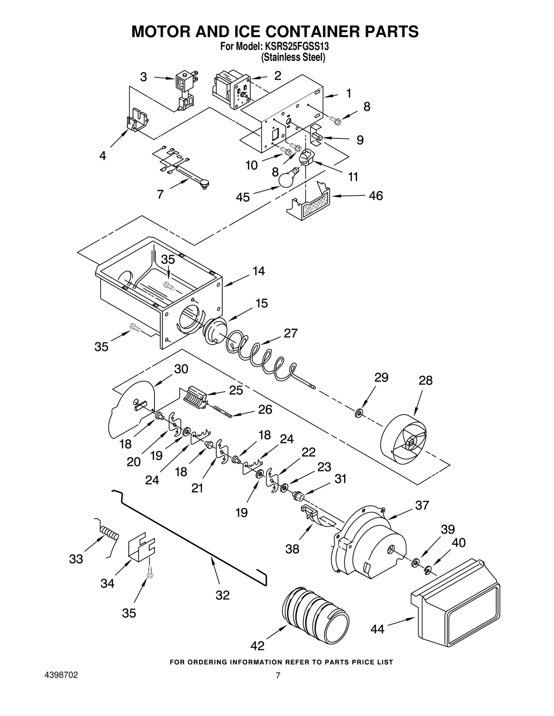 KitchenAid KSRS25FGSS13 manual Motor and ICE Container Parts 