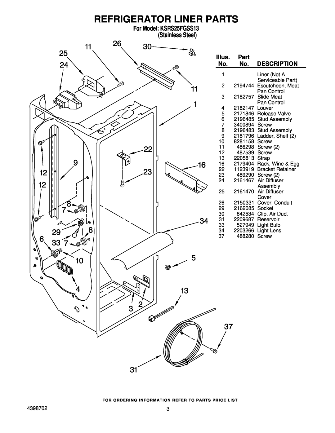 KitchenAid manual Refrigerator Liner Parts, For Model KSRS25FGSS13 Stainless Steel, Illus, Description 