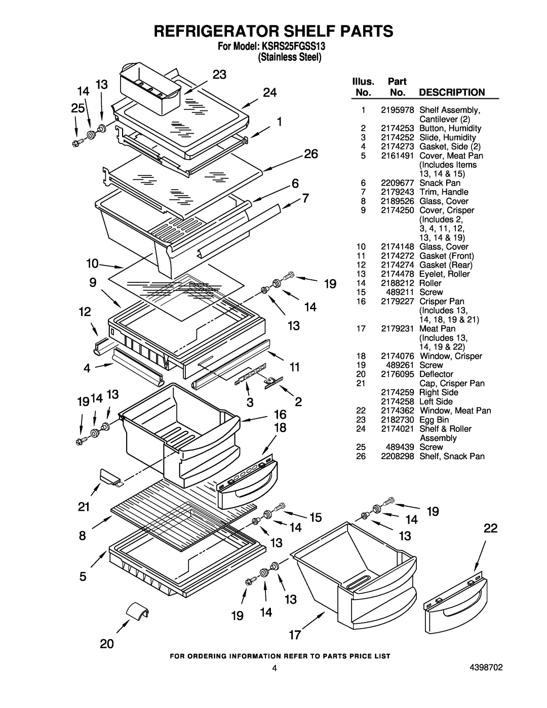 KitchenAid manual Refrigerator Shelf Parts, For Model KSRS25FGSS13 Stainless Steel, Illus, Description 