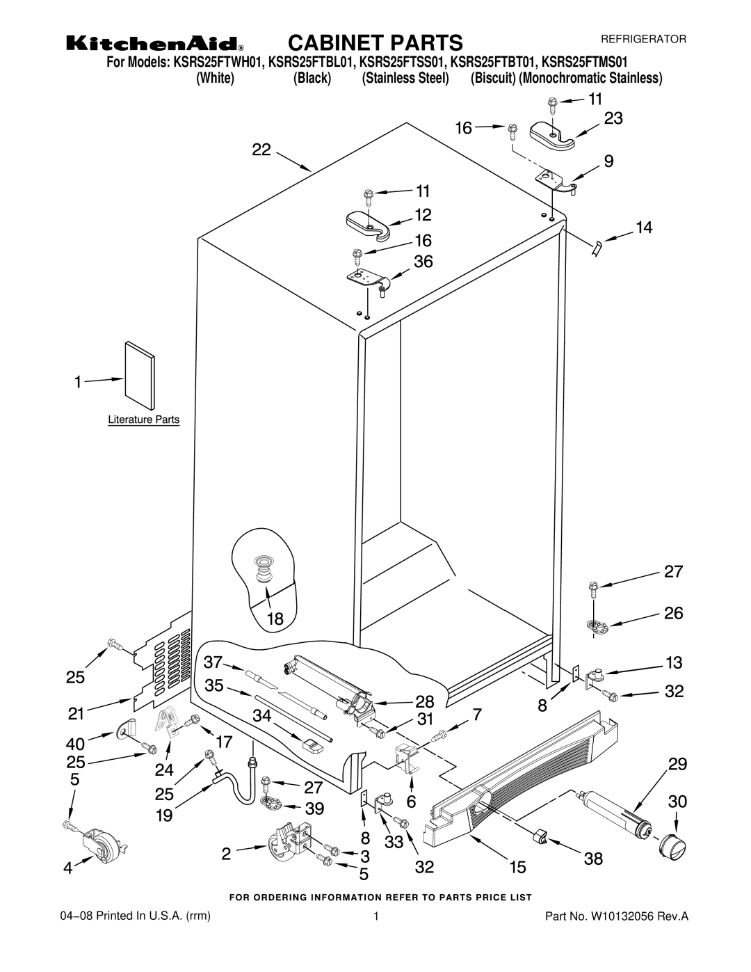 KitchenAid KSRS25FTBL01, KSRS25FTWH01, KSRS25FTSS01, KSRS25FTBT01, KSRS25FTMS01 manual Cabinet Parts 