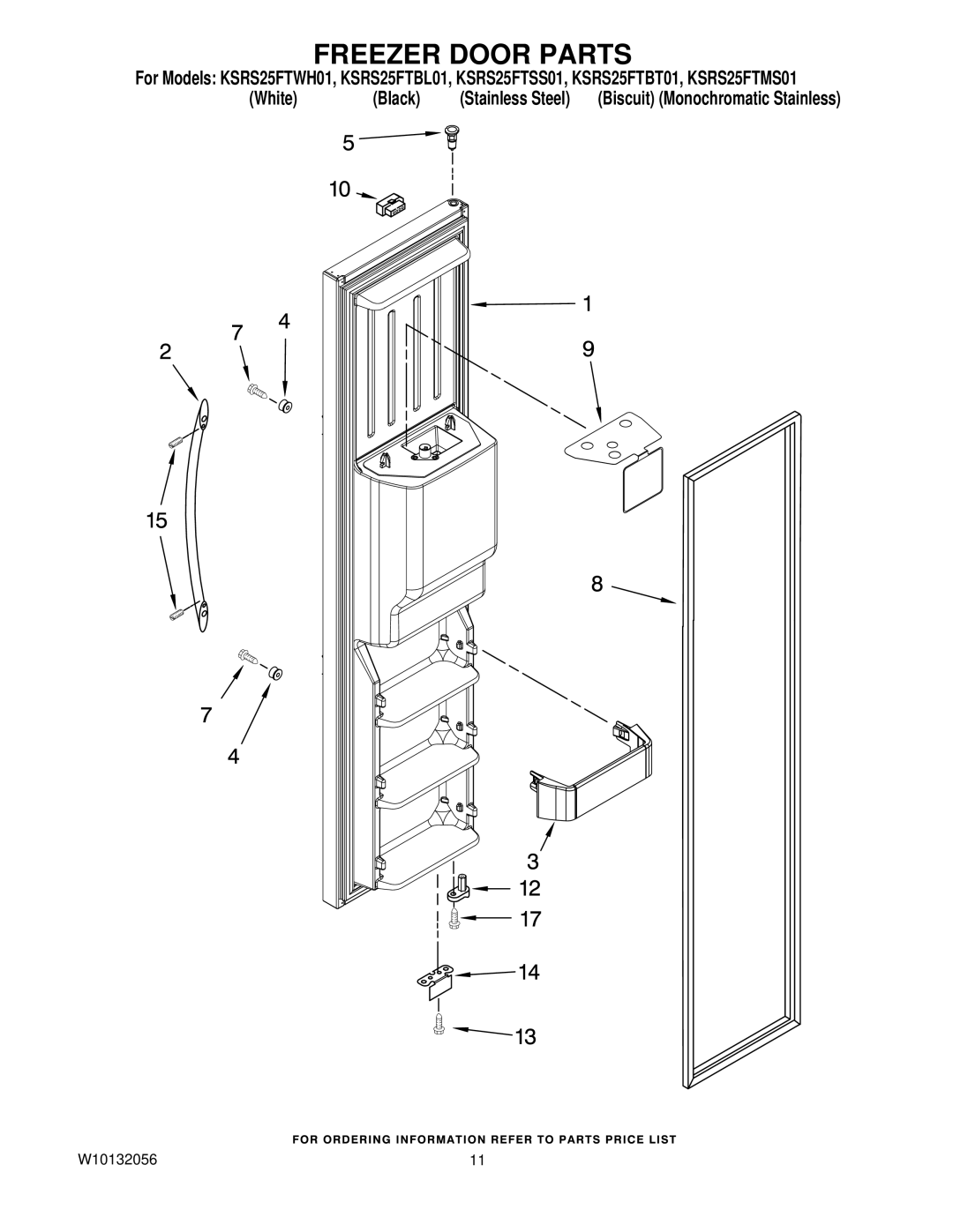 KitchenAid KSRS25FTBL01, KSRS25FTWH01, KSRS25FTSS01, KSRS25FTBT01, KSRS25FTMS01 manual Freezer Door Parts 