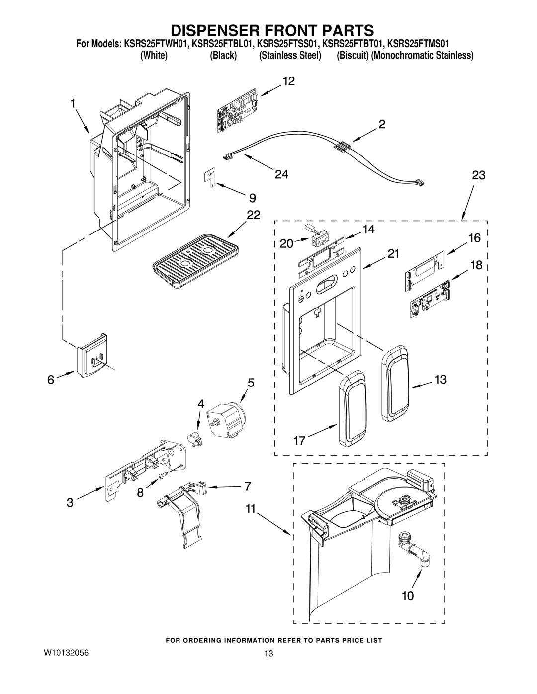 KitchenAid KSRS25FTBT01, KSRS25FTWH01, KSRS25FTBL01, KSRS25FTSS01, KSRS25FTMS01 manual Dispenser Front Parts 