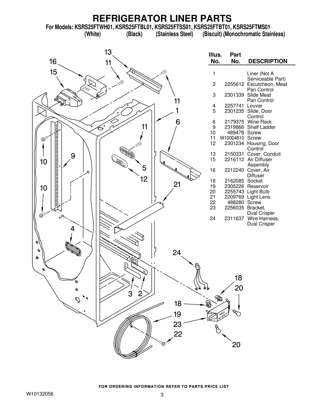 KitchenAid KSRS25FTBT01, KSRS25FTWH01, KSRS25FTBL01, KSRS25FTSS01, KSRS25FTMS01 manual Refrigerator Liner Parts, Description 