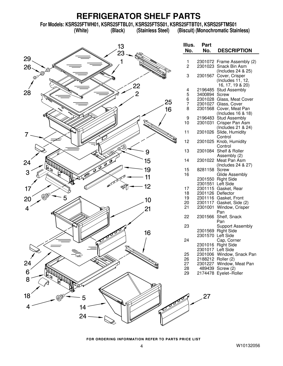 KitchenAid KSRS25FTMS01, KSRS25FTWH01, KSRS25FTBL01, KSRS25FTSS01, KSRS25FTBT01 manual Refrigerator Shelf Parts 