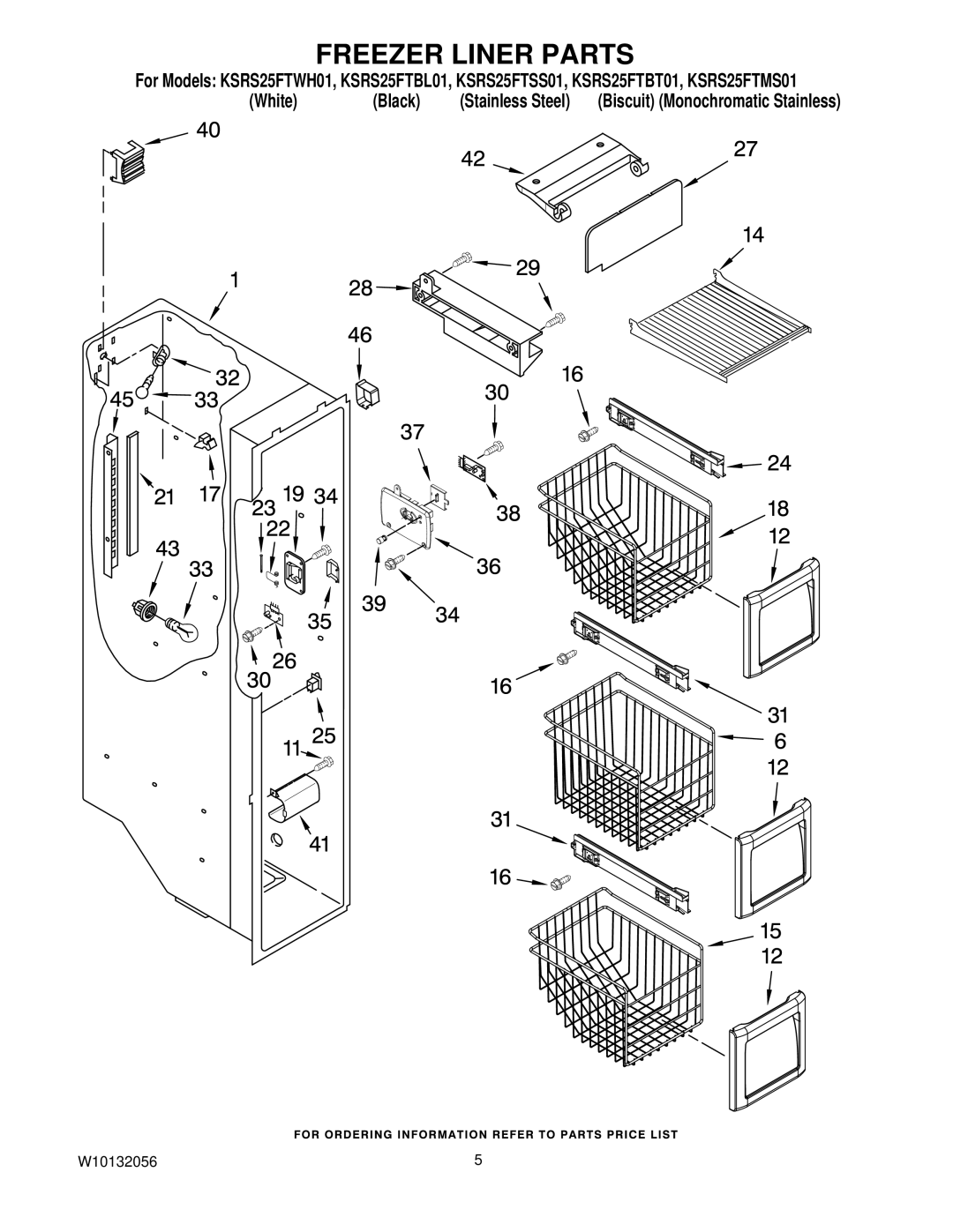 KitchenAid KSRS25FTWH01, KSRS25FTBL01, KSRS25FTSS01, KSRS25FTBT01, KSRS25FTMS01 manual Freezer Liner Parts 