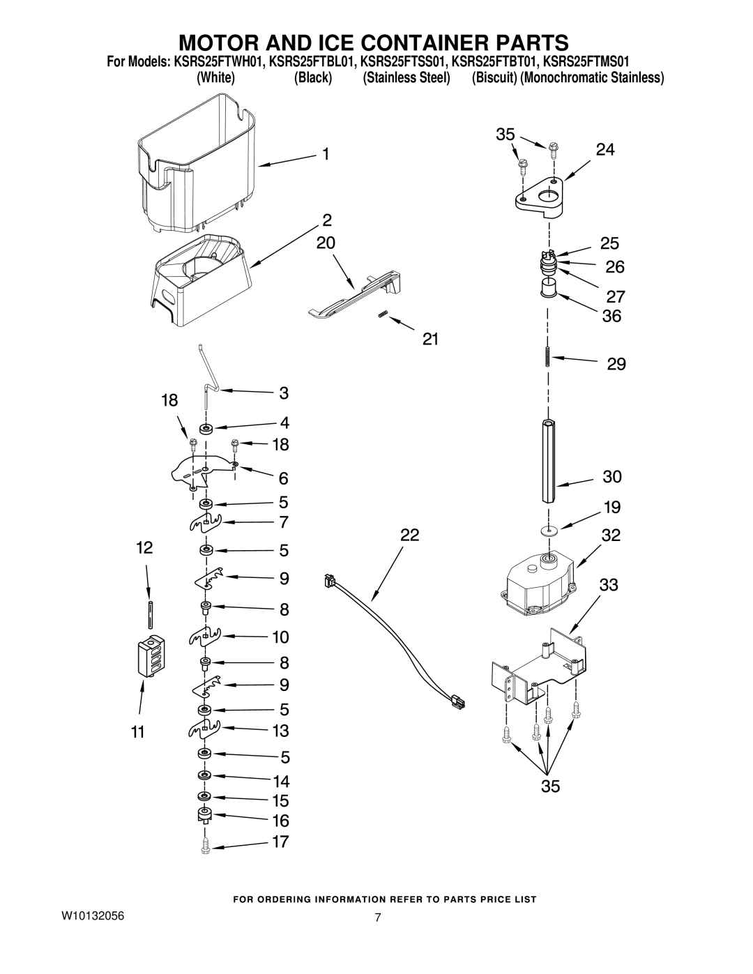 KitchenAid KSRS25FTSS01, KSRS25FTWH01, KSRS25FTBL01, KSRS25FTBT01, KSRS25FTMS01 manual Motor and ICE Container Parts 