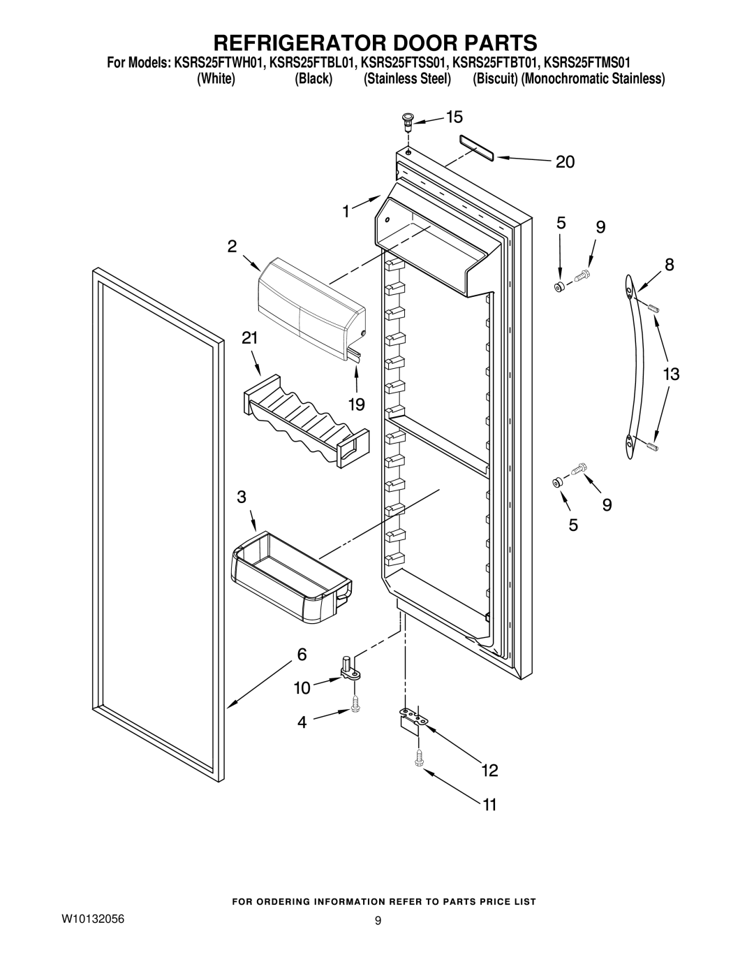 KitchenAid KSRS25FTMS01, KSRS25FTWH01, KSRS25FTBL01, KSRS25FTSS01, KSRS25FTBT01 manual Refrigerator Door Parts 