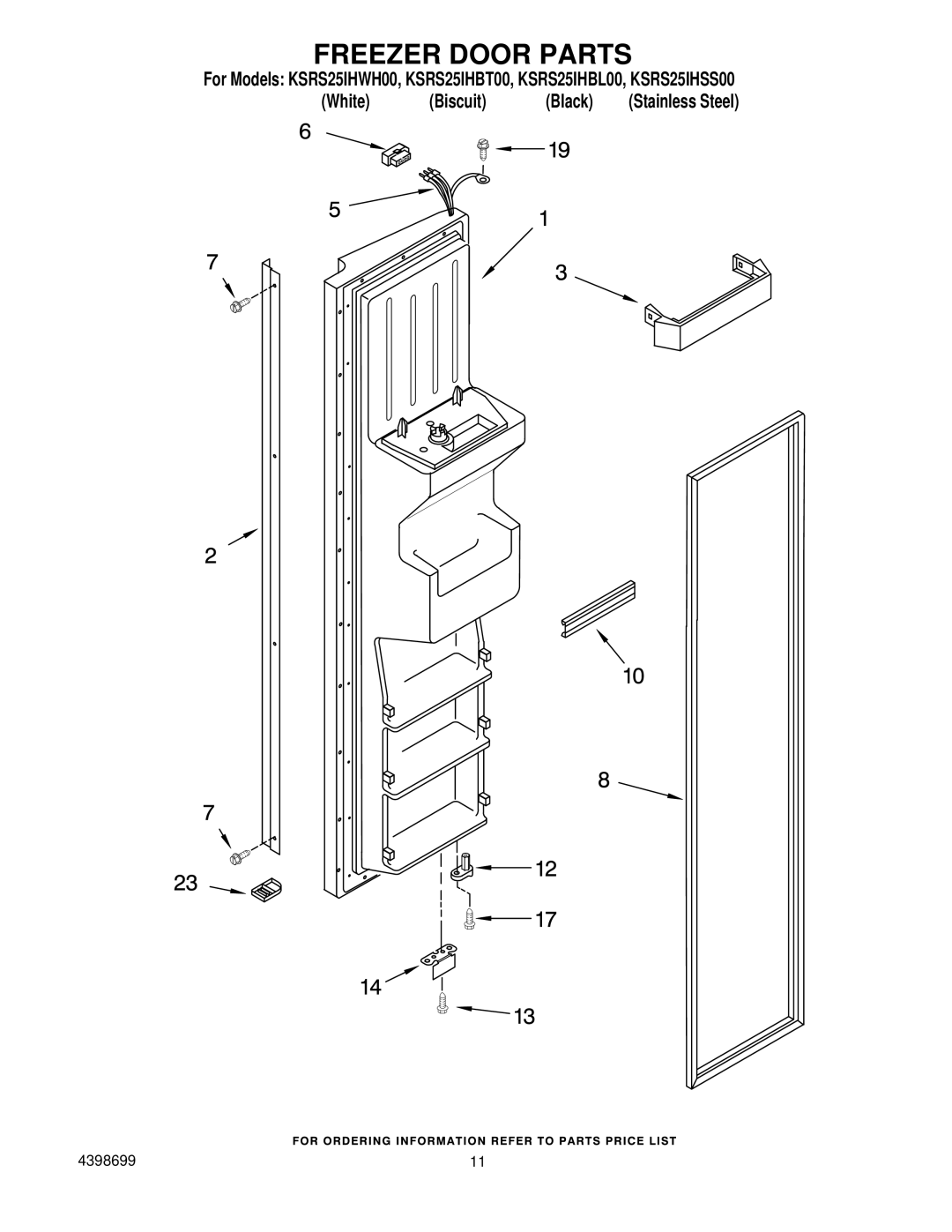 KitchenAid KSRS25IHBT00, KSRS25IHBL00, KSRS25IHSS00, KSRS25IHWH00 manual Freezer Door Parts 