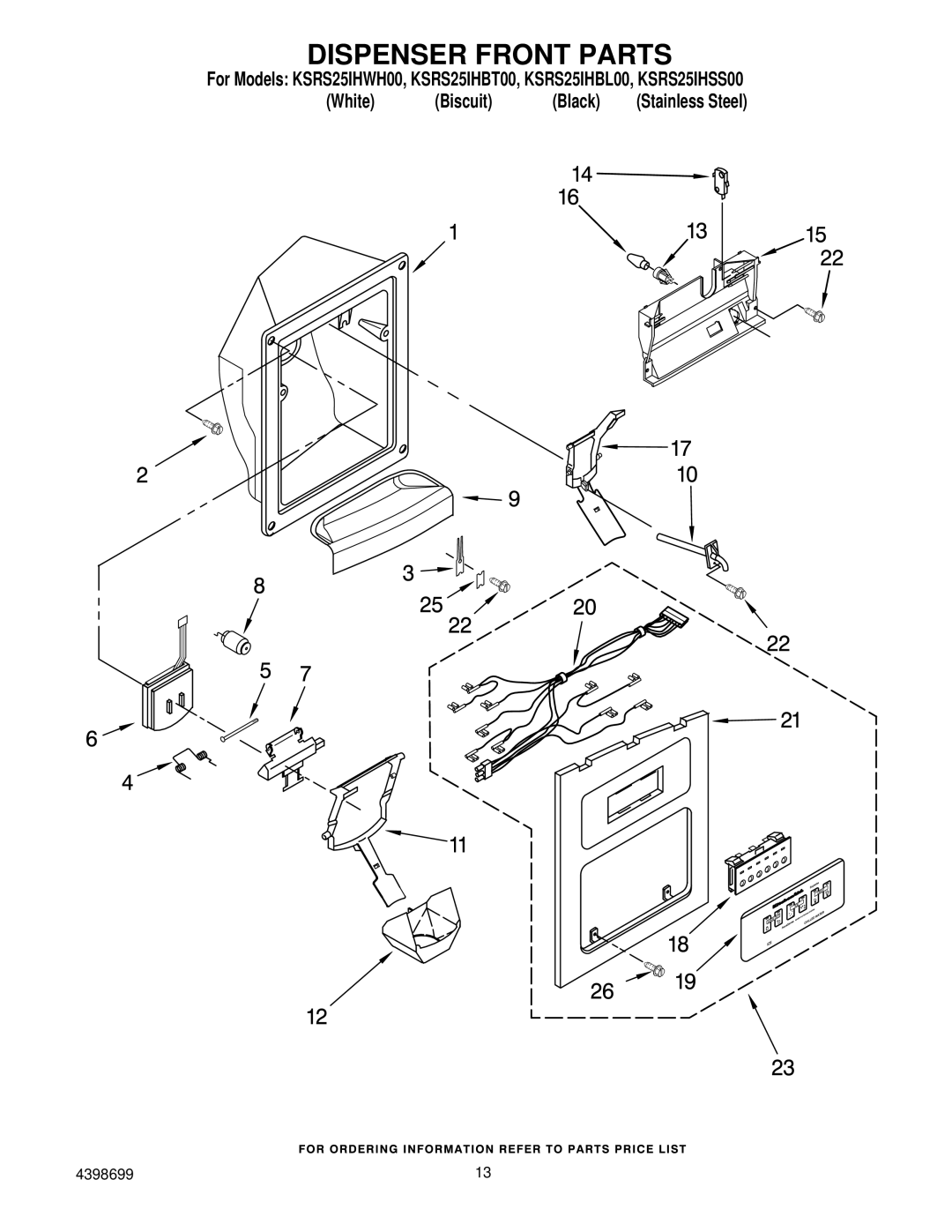 KitchenAid KSRS25IHSS00, KSRS25IHBL00, KSRS25IHWH00, KSRS25IHBT00 manual Dispenser Front Parts 