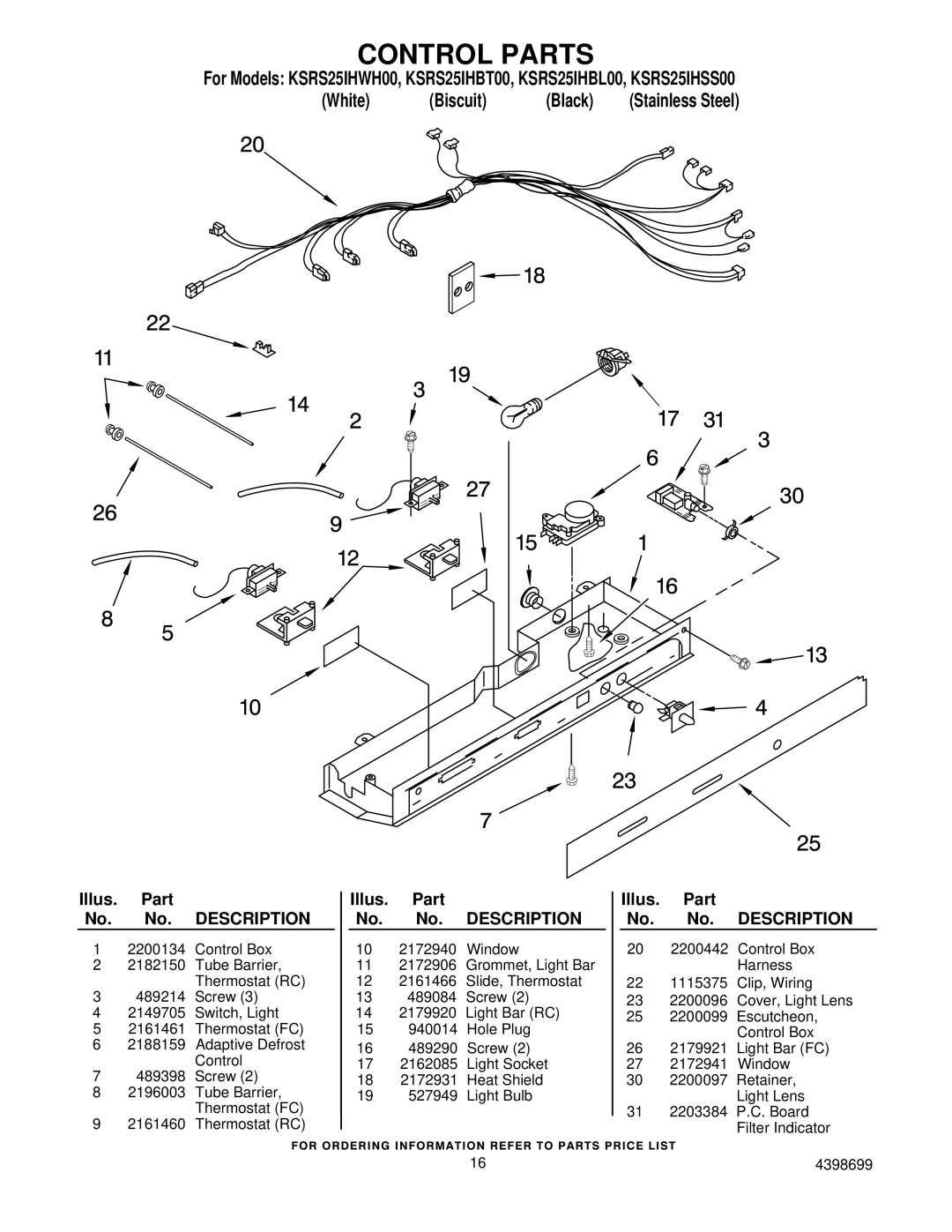 KitchenAid KSRS25IHBL00, KSRS25IHSS00, KSRS25IHWH00, KSRS25IHBT00 manual Control Parts 