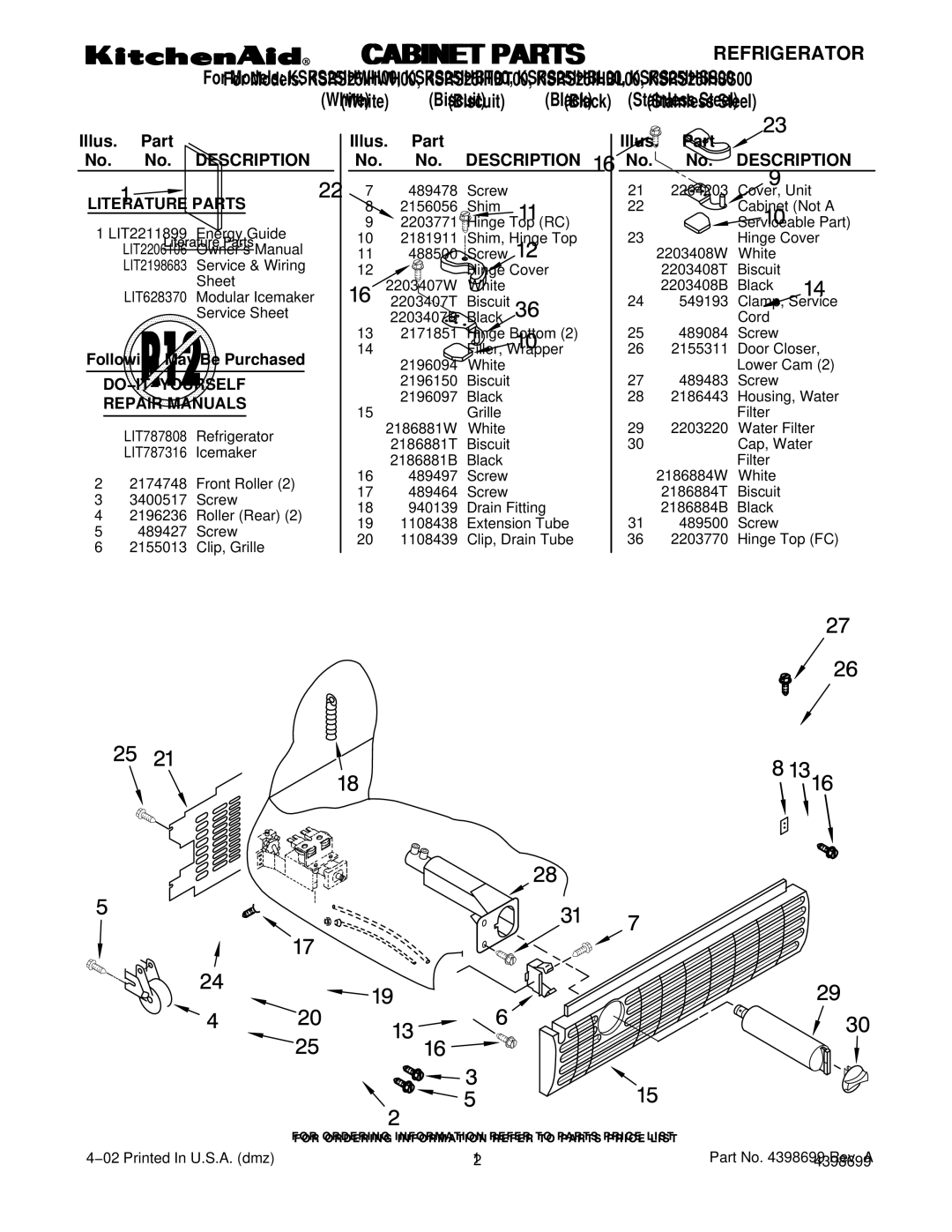 KitchenAid KSRS25IHWH00, KSRS25IHBL00, KSRS25IHSS00, KSRS25IHBT00 manual Cabinet Parts, Literature Parts 