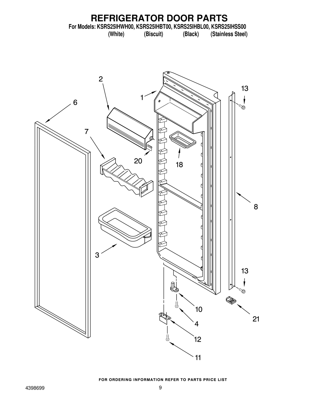 KitchenAid KSRS25IHSS00, KSRS25IHBL00, KSRS25IHWH00, KSRS25IHBT00 manual Refrigerator Door Parts 