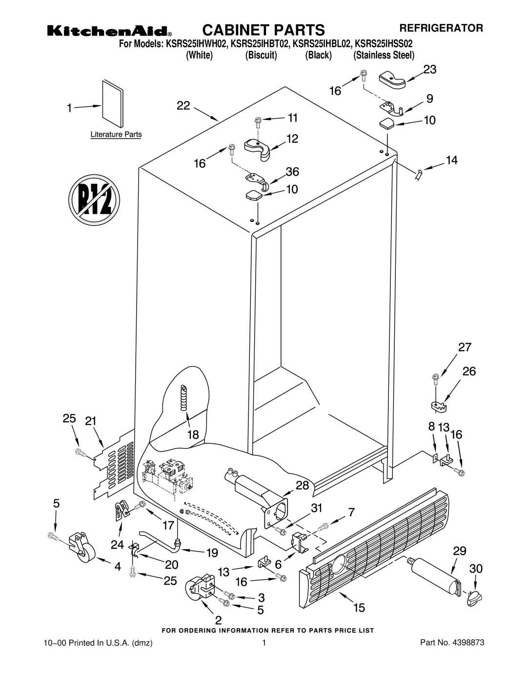 KitchenAid KSRS25IHBL02, KSRS25IHSS02, KSRS25IHBT02, KSRS25IHWH02 manual Cabinet Parts, Refrigerator 