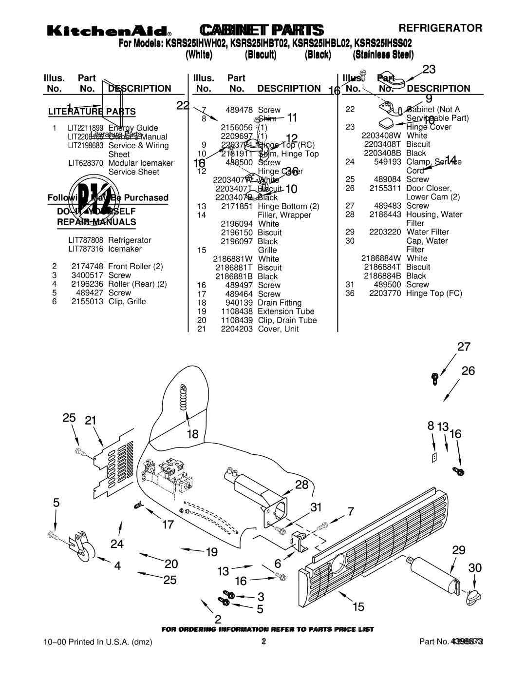 KitchenAid KSRS25IHBT02, KSRS25IHSS02, KSRS25IHBL02, KSRS25IHWH02 manual Cabinet Parts, DO−IT−YOURSELF Repair Manuals 